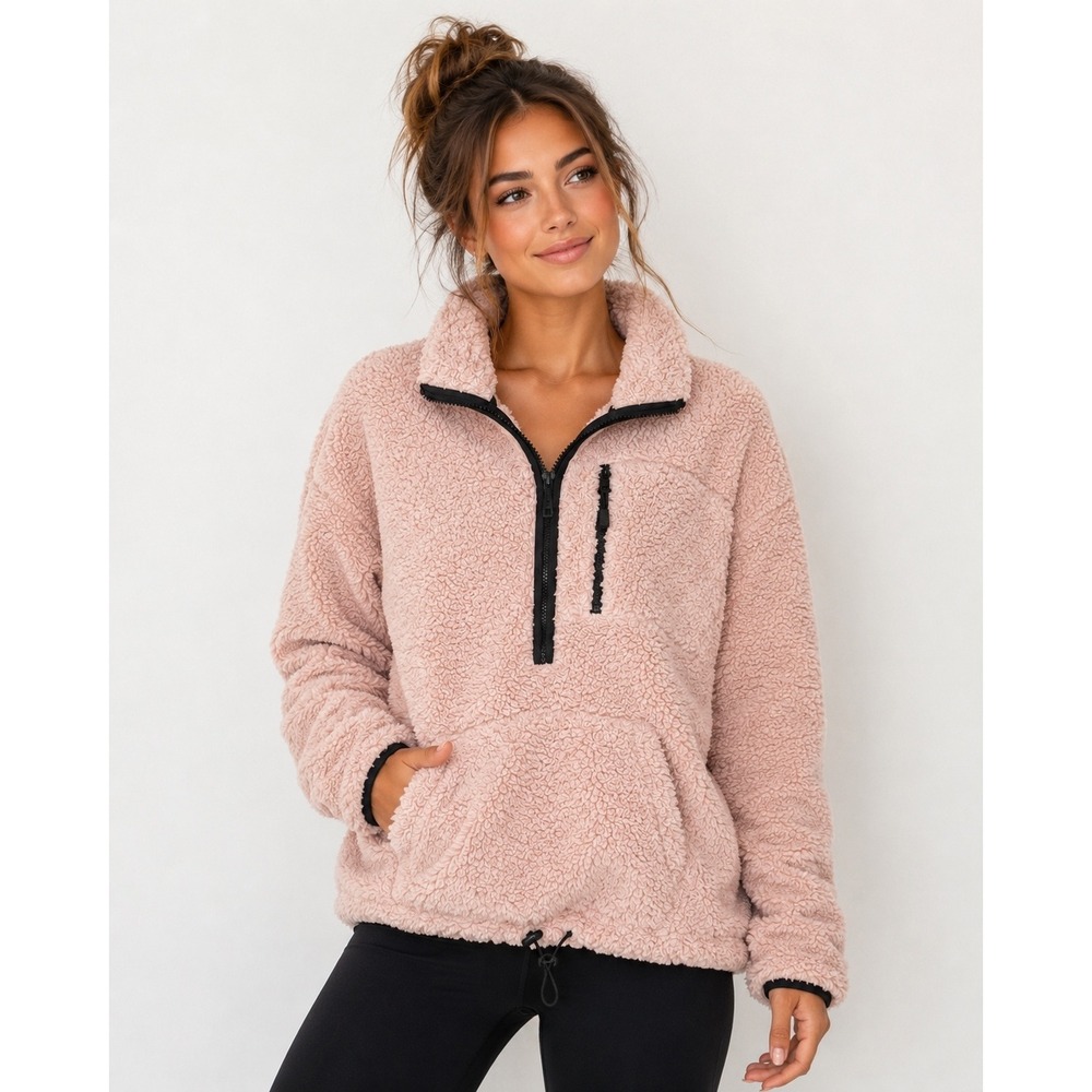 Victoria's Secret PINK Sherpa Fleece 1/2 Zip Pullover Pink Teddy L 2019